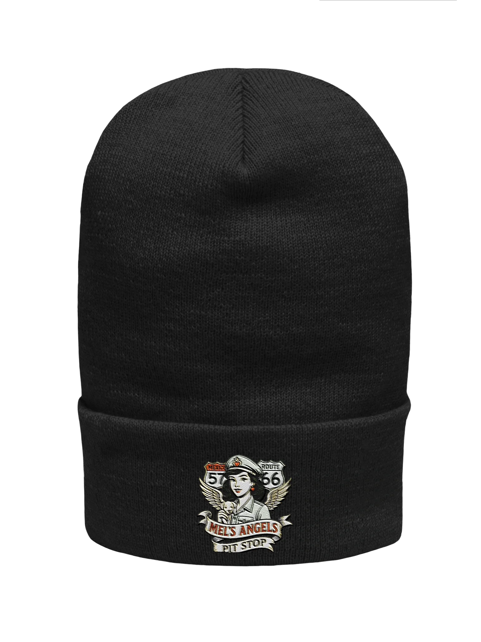 Mel’s Angels Embroidered Beanie – Vintage Biker Pin-Up Style Winter Hat product image (3)