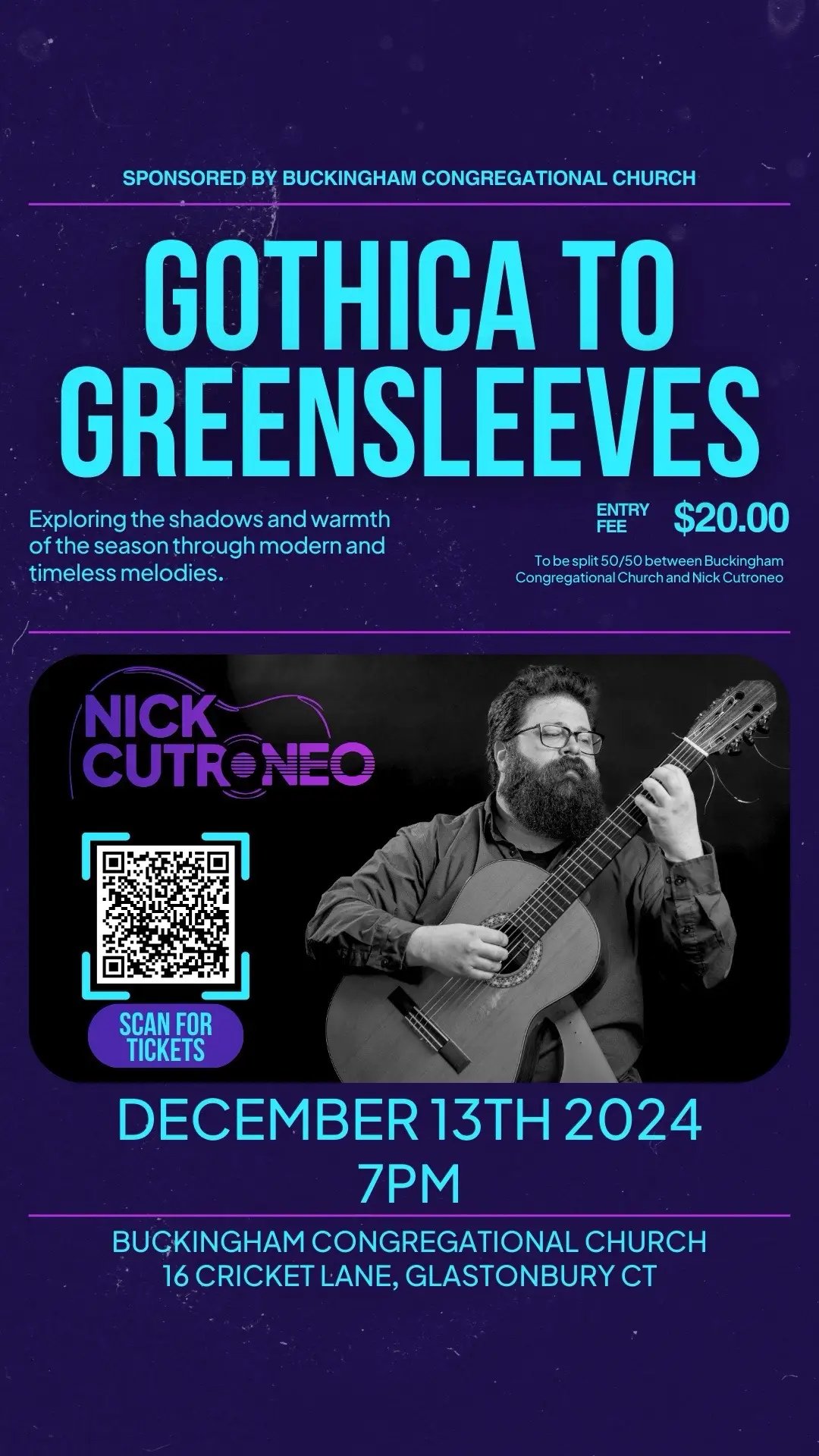 Celebrate the season with an evening of classical guitar. Join me for Gothica to Greensleeves, a special concert featuring music from my albums Emergence, Suite del Plata No. 1, and Gothica, plus festive holiday arrangements perfect for December. When: Wednesday, December 13th, 7 PM Where: Buckingham Congregational Church, where I’ve had the joy of teaching for the past 5 years. This concert is more than a performance—it’s my Gothica album release debut and a celebration of the season with music to uplift and inspire. Tickets are available now. Don’t miss this intimate evening of live music in a beautiful setting. Check the link in bio to reserve your spot. #LiveMusic #ClassicalGuitar #HolidayConcert #GothicaToGreensleeves #CTLiveMusic #GuitarLovers #SeasonalMusic #glastonbury #nickcutroneo #guitarshreda  #guitartok 