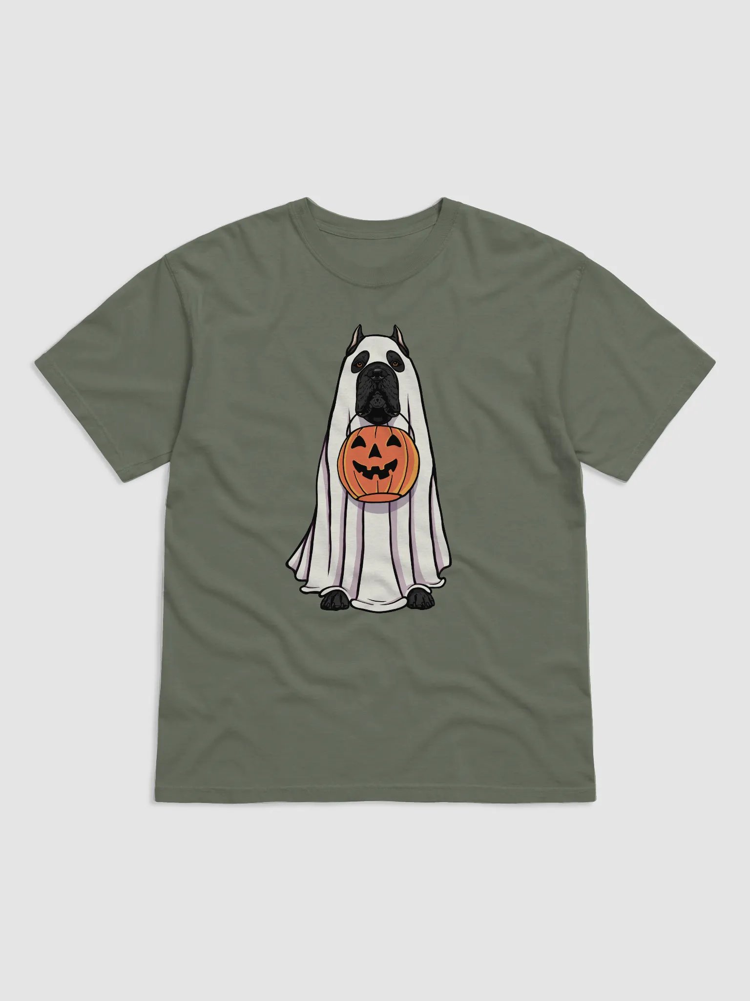 Funny Halloween Cane Corso(Black) T-Shirt | Funny Cane Corso Wearing a Ghost Costume and Holding a Pumpkin Basket product image (4)