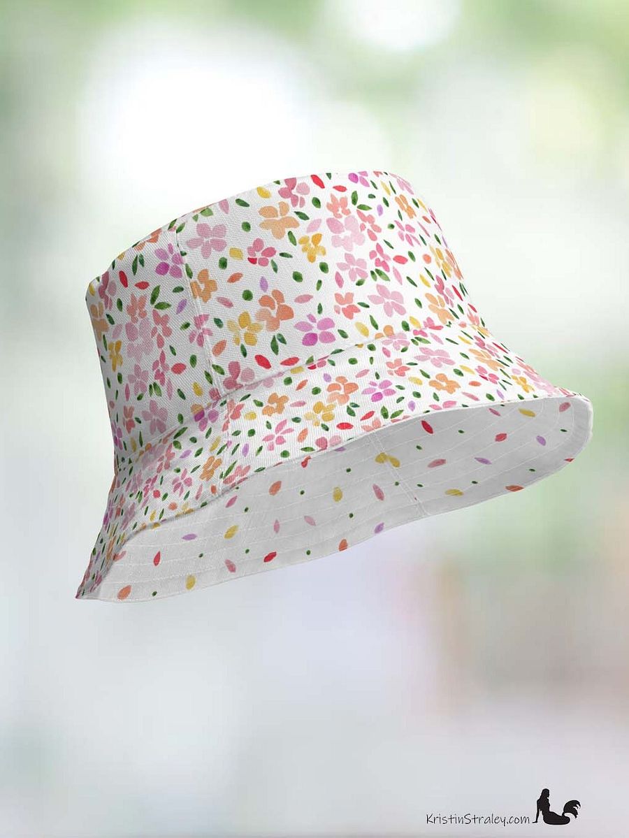 Spring Flowers on White Reversible Bucket Hat with Petal Confetti on White product image (10)