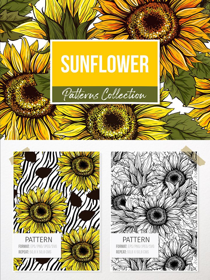 Sunflower Seamless Pattern Bundle, Sunflower Clipart, Autumn Digital Papers Line Art product image (1)