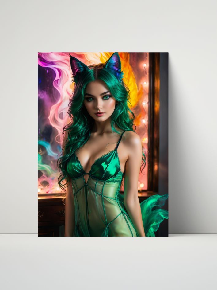 Fantasy Fox Girl - Green Flame Seductress Metal Print product image (1)