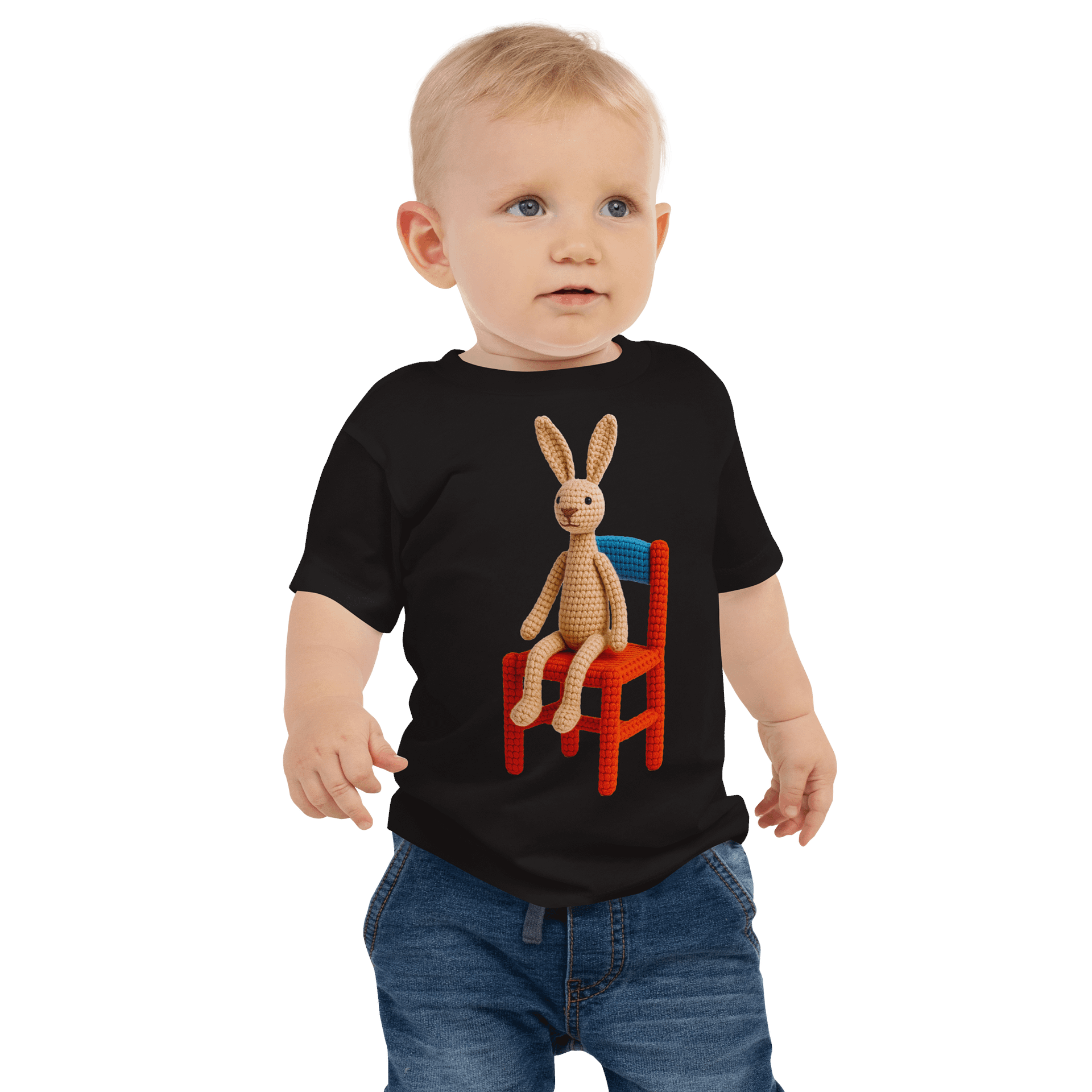 Hare on a Chair Baby T-Shirt : Whimsical Handcrafted Crochet Art product image (1)