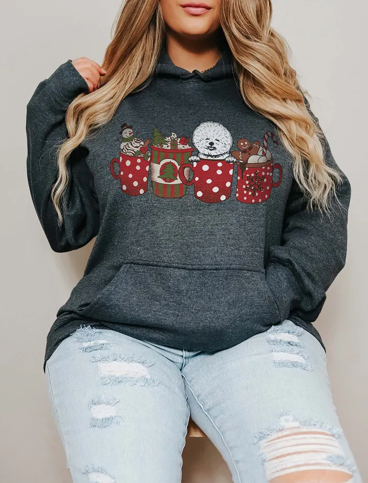 Cute Bichon Frise in a Christmas Cup Hooded Sweatshirt | Funny Christmas Pup in a Cup product image (1)
