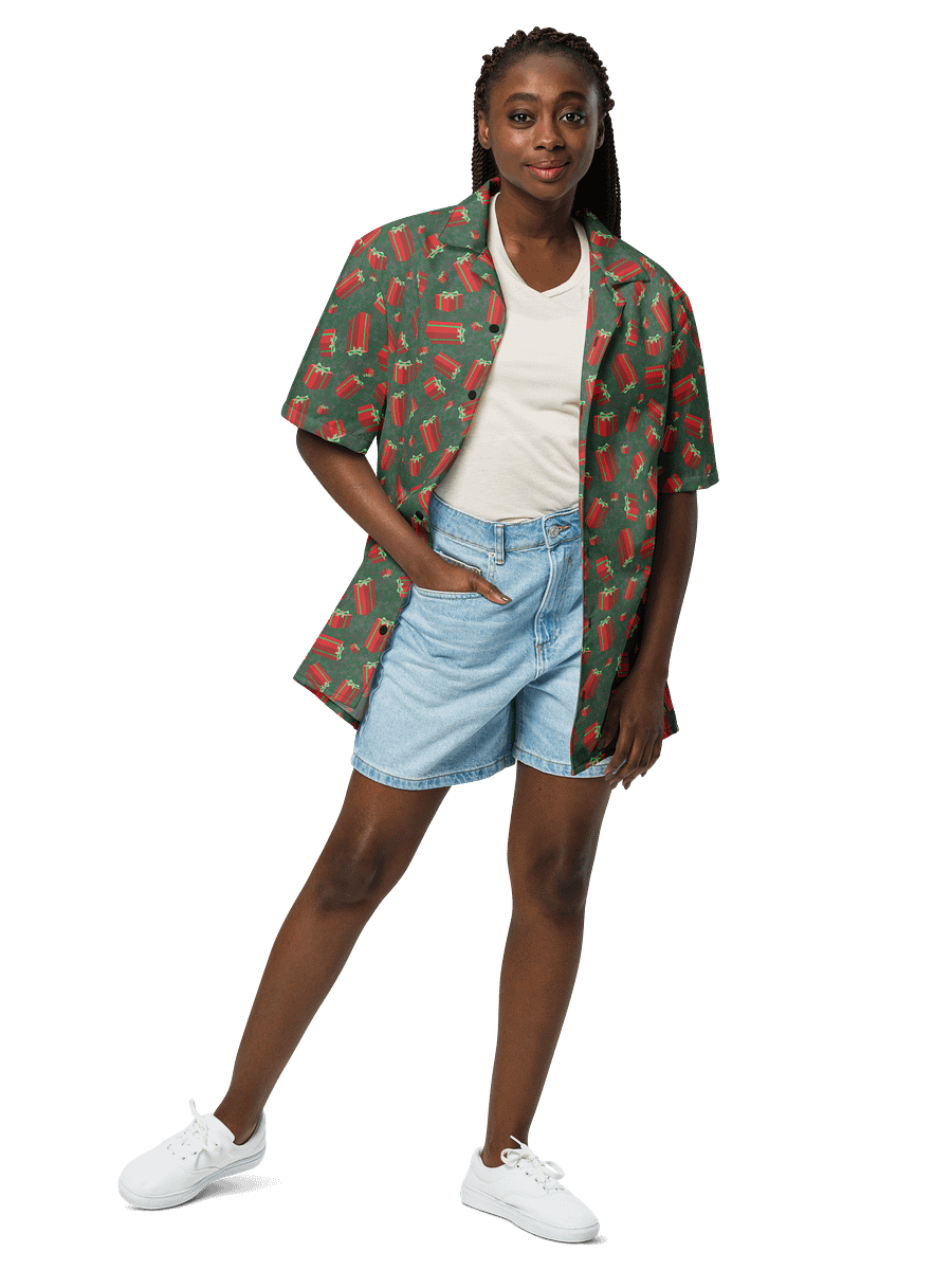 Floating Red Presents on Teal Green Oversized Button-Down Shirt product image (4)