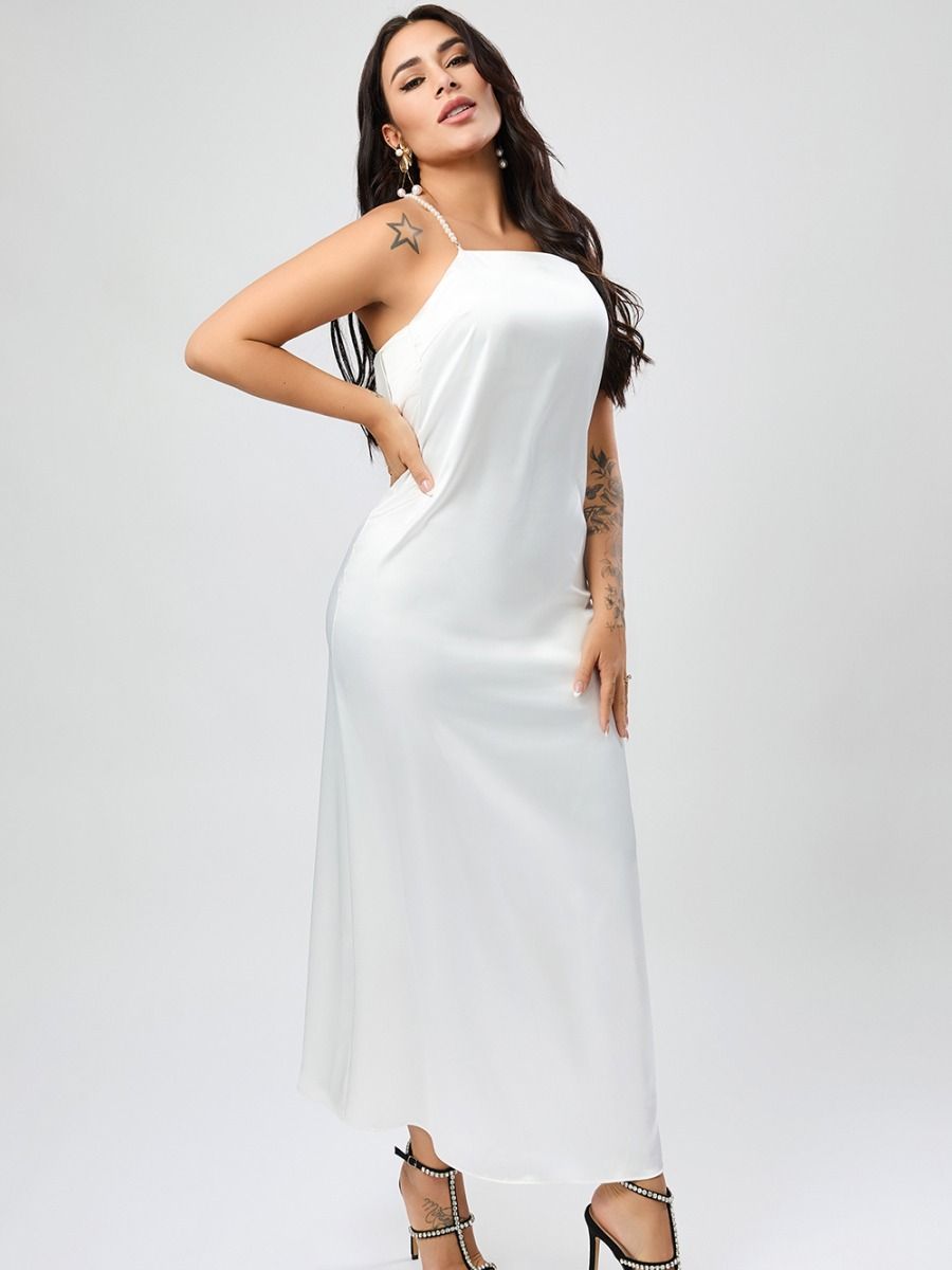 Wholesale non-stretch satin backless faux pear decor sling split maxi dress product image (6)