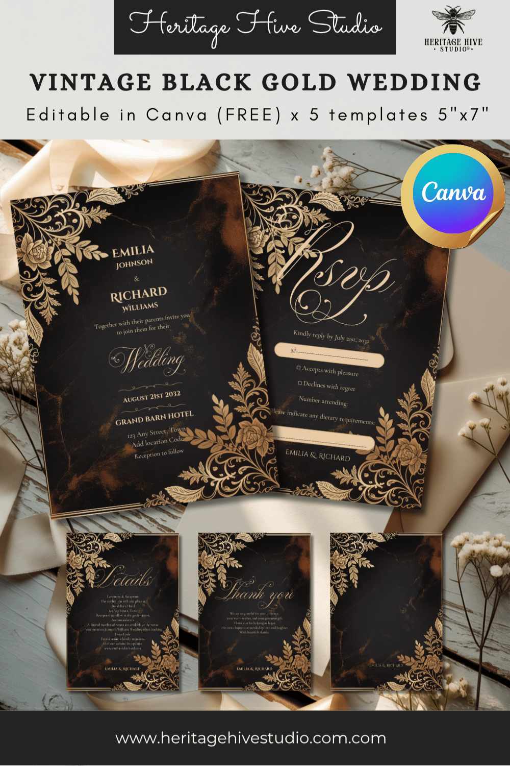 Editable Vintage Wedding Invitations | Edit in Canva | Instant Download Template | Black Gold Ornate product image (1)