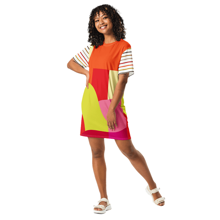 All-Over Orange/Yellow Geometric/Stripe T-Shirt Dress product image (2)