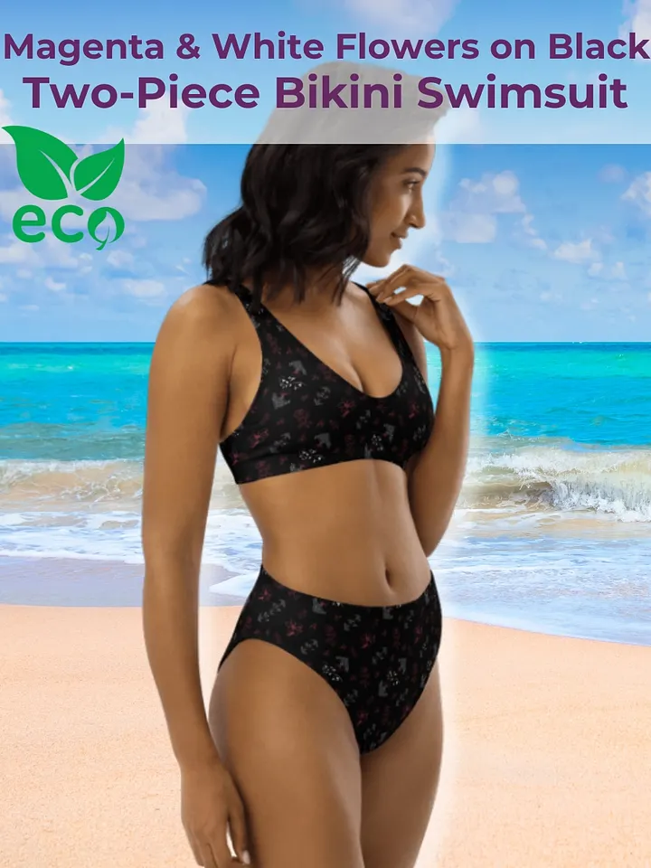Magenta & White Flowers on Black Eco-Green Two-Piece Bikini Swimsuit product image (1)