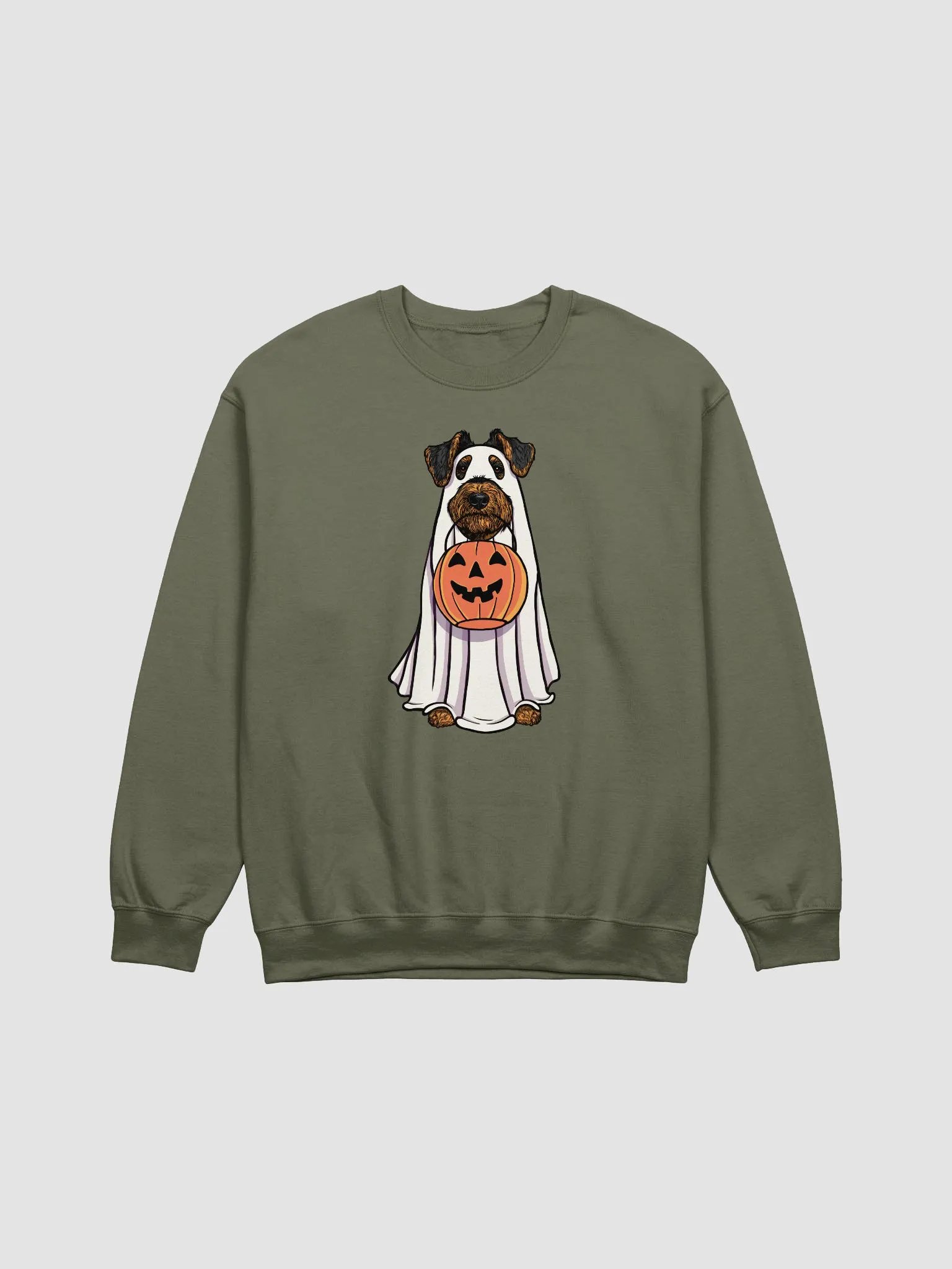 Funny Halloween Airedale Terrier(Black & Tan) Sweatshirt | Funny Airedale Wearing a Ghost Costume and Holding a Pumpkin Basket product image (13)
