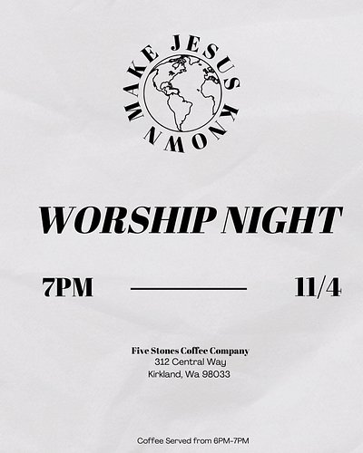 MJK Worship night at 5 Stones Coffee in Kirkland!
TOMORROW, Monday 11/4, at 7:00pm

We can’t wait to see you there, let’s pre...