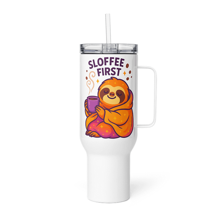 Sloffee First – Funny Sloth Travel Mug with Straw & Handle (40 oz) | Sloths Having Snacks Collection product image (1)