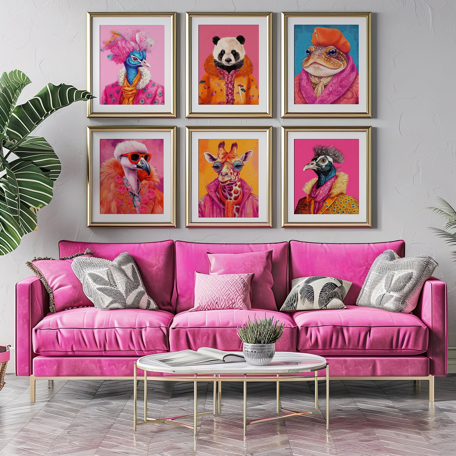 Colorful Animal Fashion Art DIGITAL Print Set of 6 ~Peacock, Panda, Giraffe, Toad, Flamingo~ product image (3)