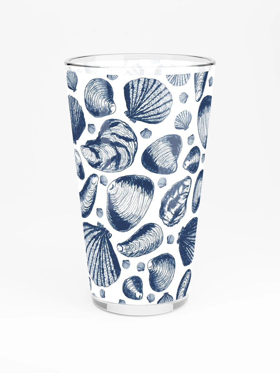 New England Tidal Treasures | | Dark Blue on White | Coastal Shell Repeat | Shaker Pint Glass by Monique Faella Designs™ Shell Yeah, It’s Sip Time 🐚🍺🌊 product image (3)