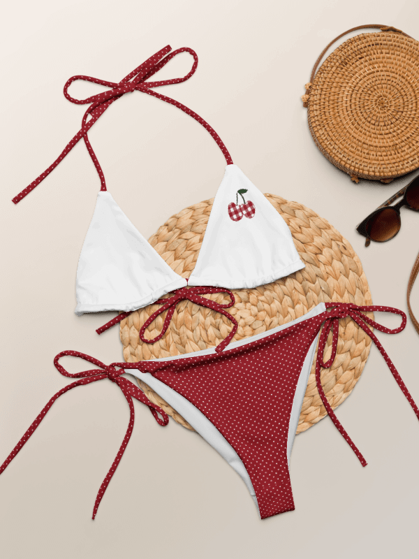 Gingham Cherry Low Rise Cheeky String Bikini With Red Polka Dot Bottoms product image (1)