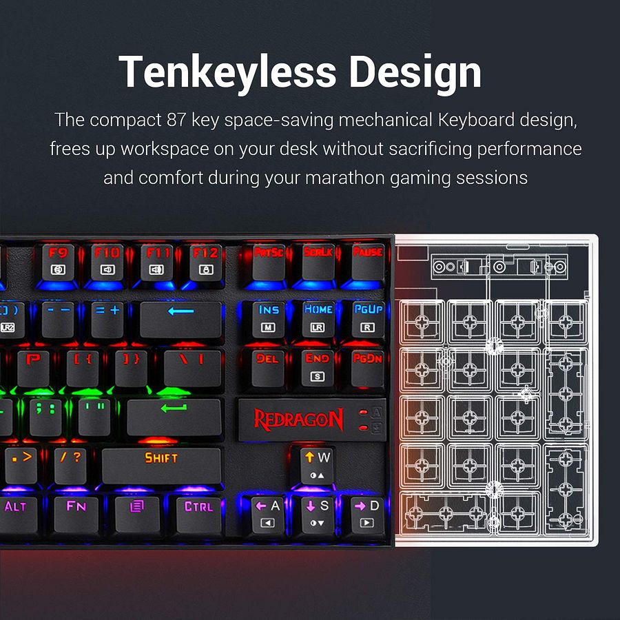 Redragon Kumara K552 Rainbow LED Backlit TKL Ten Key-Less Mechanical Wired Gaming Keyboard Without Numlock Keys (Black) product image (4)