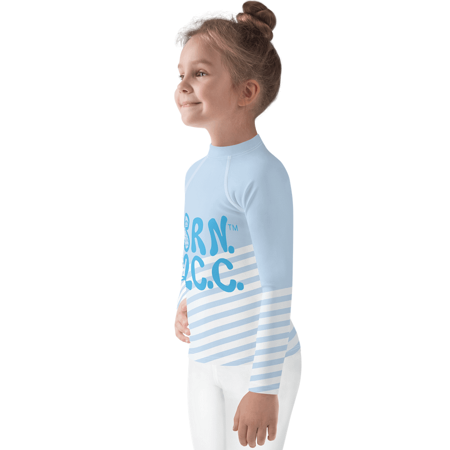 Girls' | Little KIDS | Rash Guard | BRN.2C.C.™ Front Print | BOURNE to Cape Cod™ Back & Sleeve Logo | Coastal UV Shirt for Active Kids | Slim Fit Swim Top | Blue Logo on Patriotic Pastels product image (3)