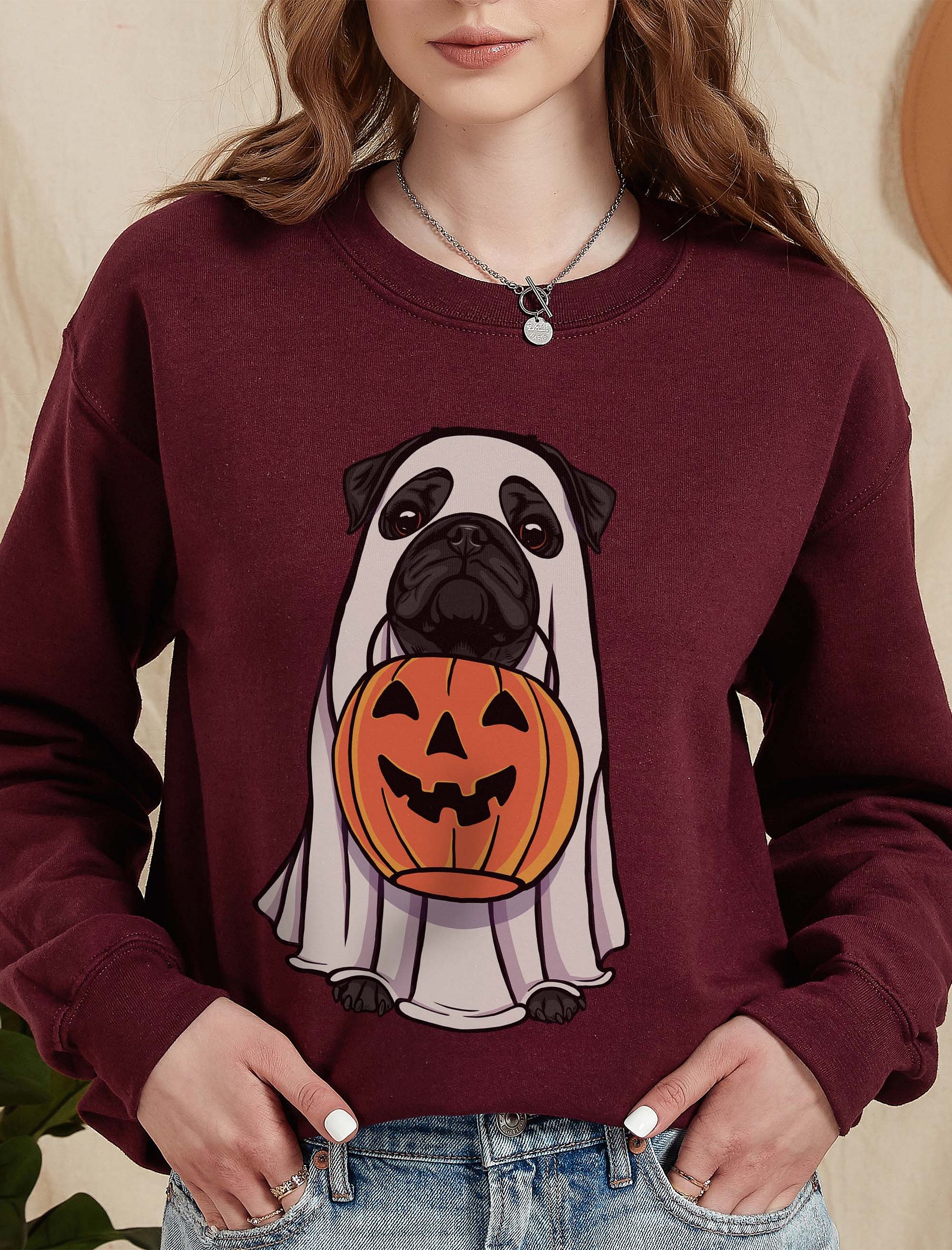 Funny Halloween Pug(Black) T-Shirt | Funny Dog Wearing a Ghost Costume and Holding a Pumpkin Basket product image (6)