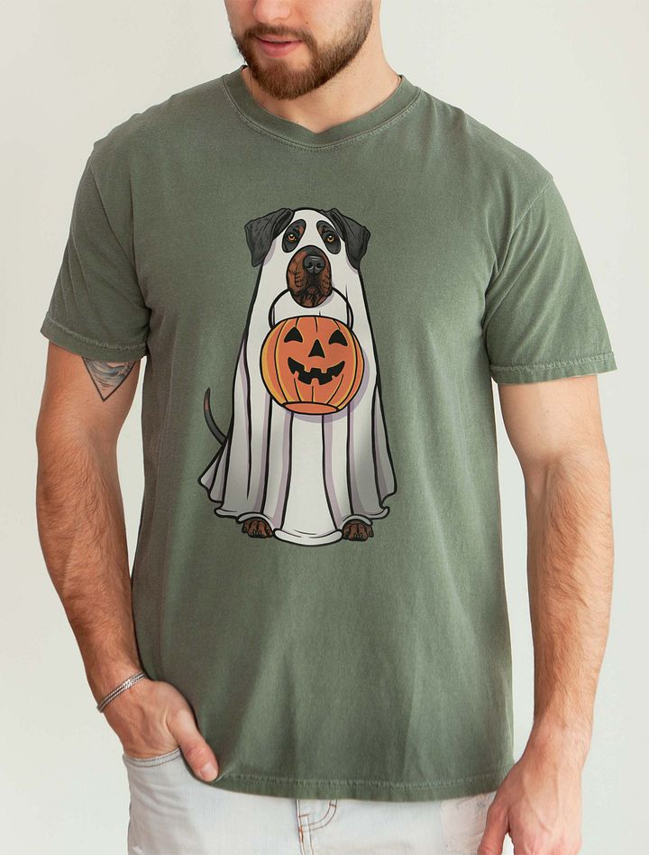 Funny Halloween Rhodesian Ridgeback(Black & Tan) T-Shirt | Funny Dog Wearing a Ghost Costume and Holding a Pumpkin Basket product image (1)