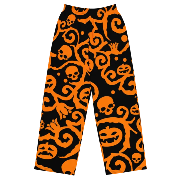 Orange & Black Scary Pumpkins Skull Unisex Wide-Leg Pants product image (2)