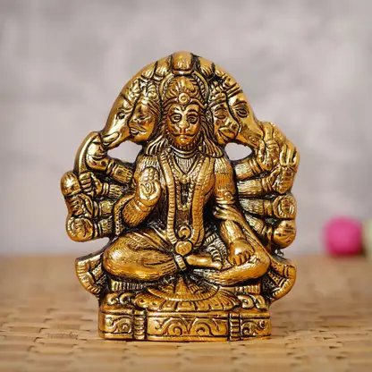 eCraftIndia Golden Metal Handcrafted Lord Panchmukhi Hanuman Statue Decorative Showpiece - 13.5 cm (Metal, Gold) product image (2)