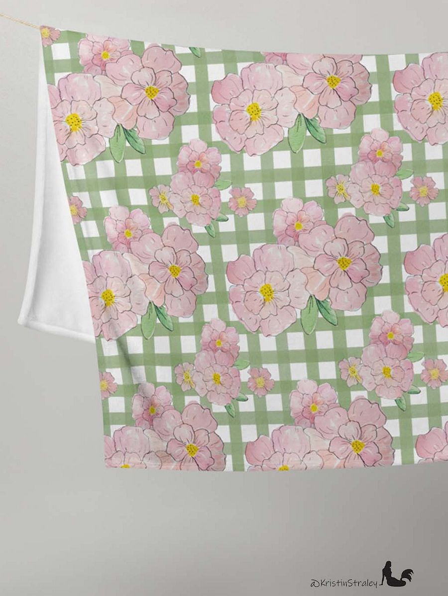 Pink Flowers on Green Gingham Fleece Throw Blanket product image (3)