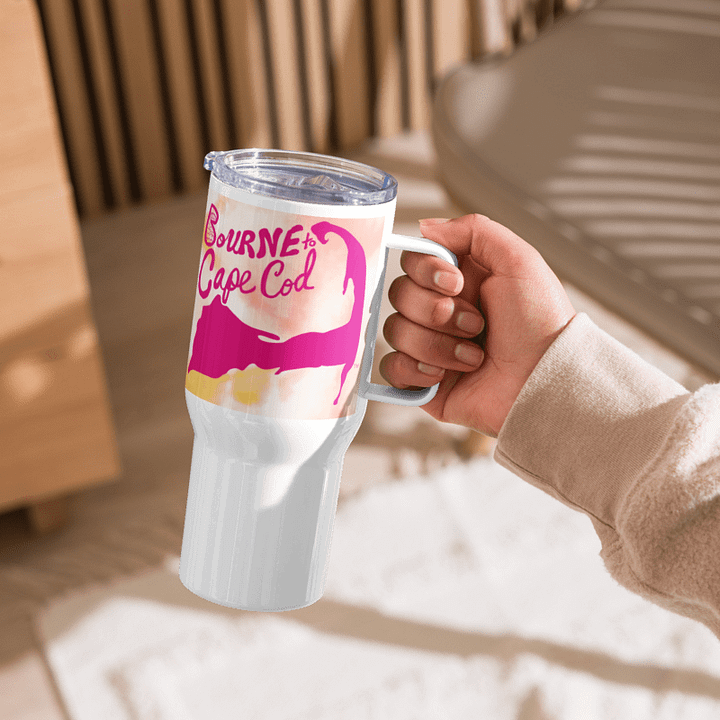 BOURNE to Cape Cod™ | Allcolor 267 | Stainless Steel Travel Mug with Handle | Insulated, Spill-Proof, Coastal Adventure Style | Pink Logo on Orange Tie-Dye product image (1)