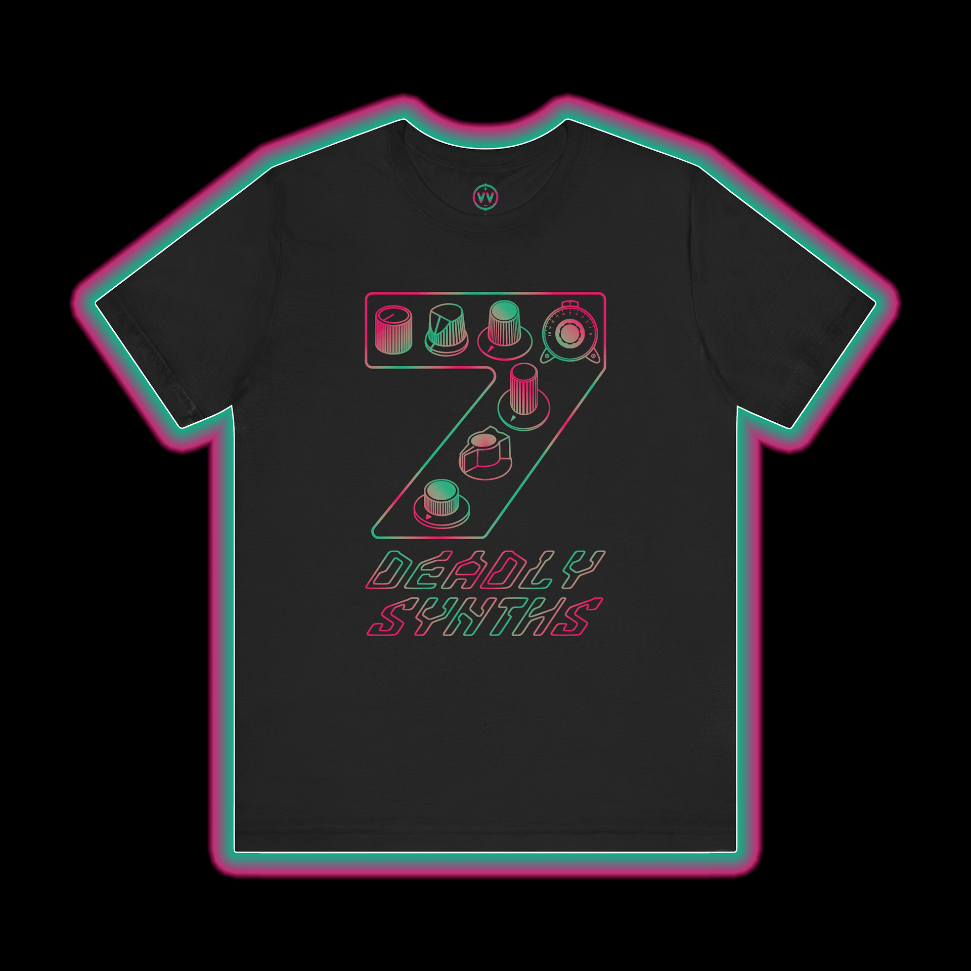 7 Synthesizer Legends T-Shirt - Seven Deadly Synths (7 Synthesis Classics) AURORA PRINT product image (1)