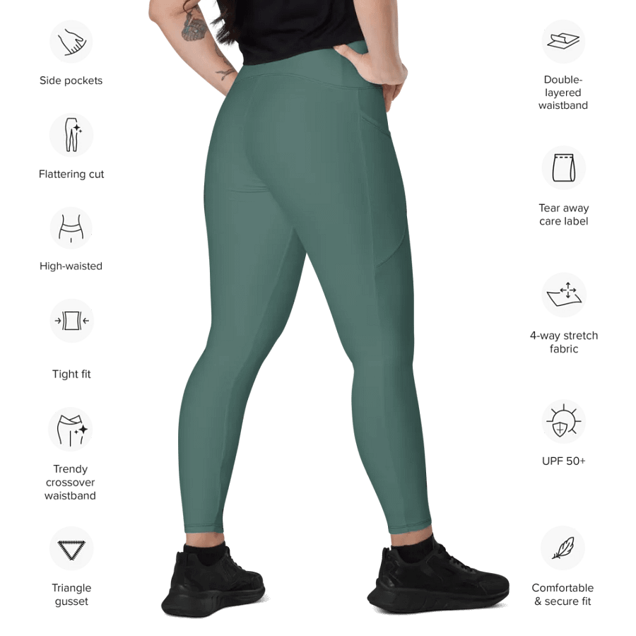 Plain Medium Dark Green Soft Summer Women's High Waisted Premium Crossover Leggings with Pockets by Treasure Pie product image (11)