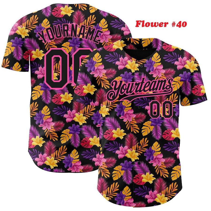 Authentic Baseball Jersey, Custom Baseball Jersey, Personalized Sport Jersey, Hawaiian Colorful, Multi Beautiful Flower product image (191)
