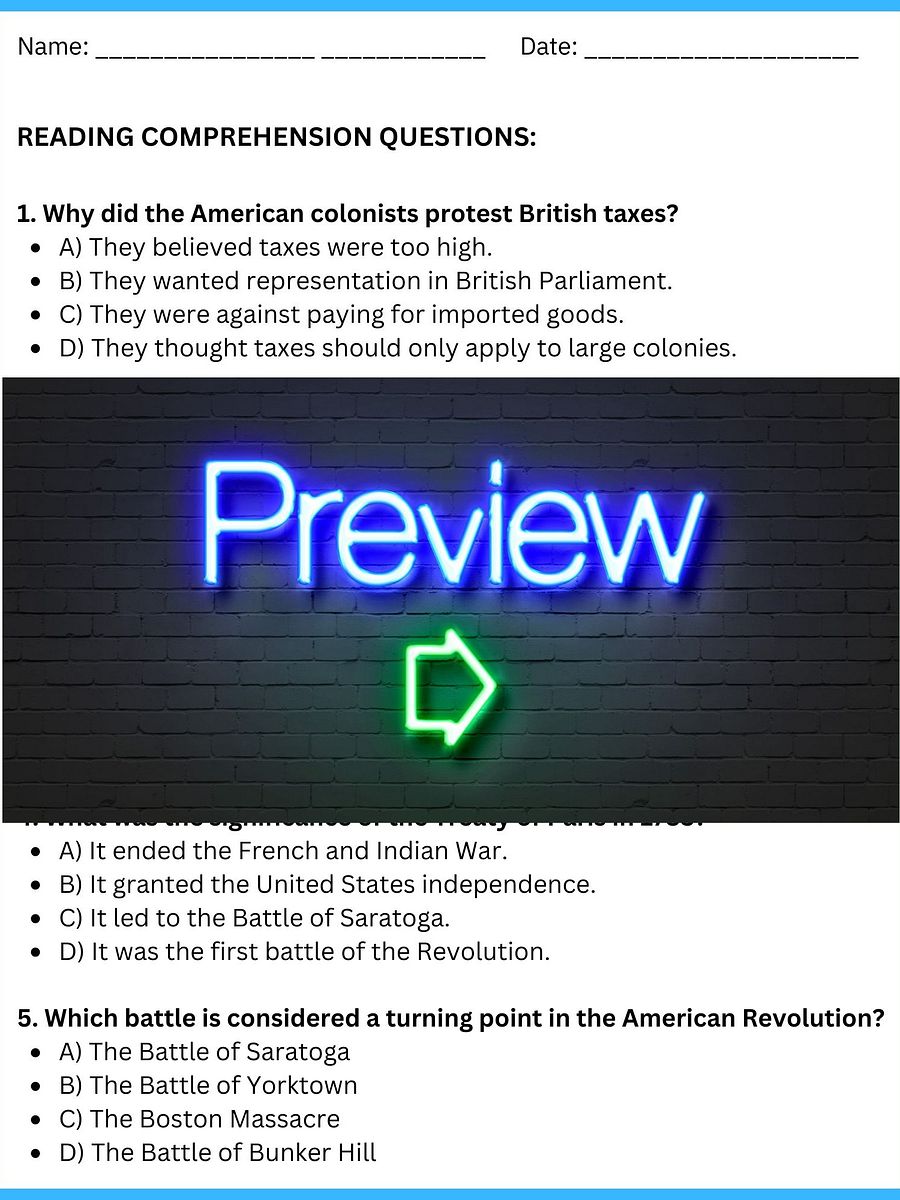 American Revolution Reading Comprehension product image (3)
