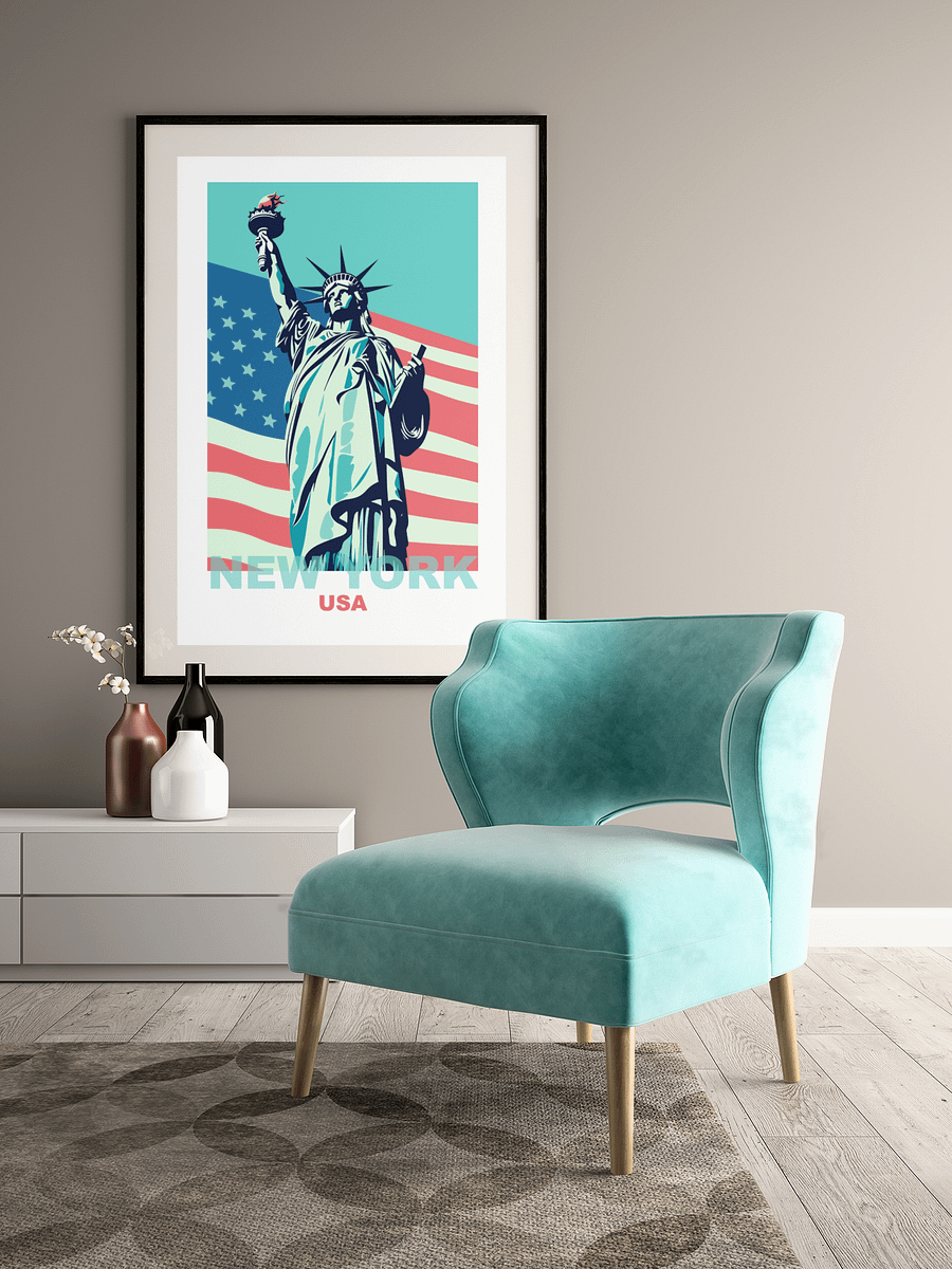 Statue of Liberty with American Flag Poster, Patriotic New York USA Wall Art, Iconic Landmark Print, Bold Graphic Travel Decor product image (4)
