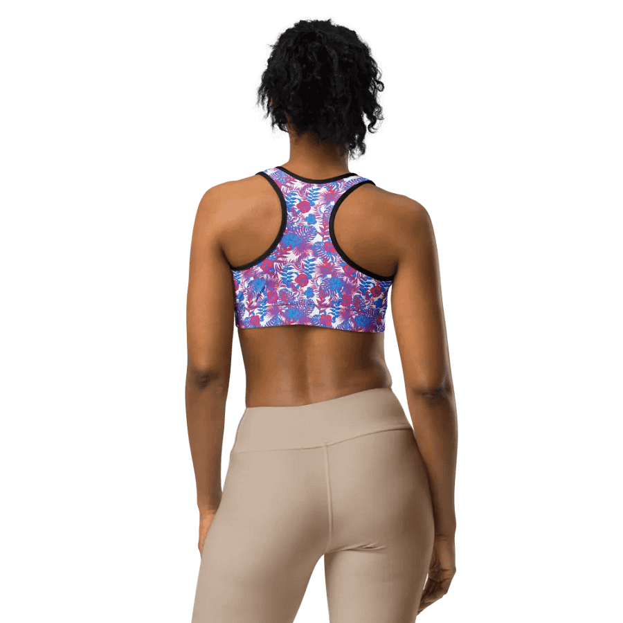 sports bra in blue and pink colors tropical leaves design. Perfect for holiday vibes product image (1)