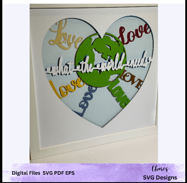 3D SVG 'What The World Needs' Heart-Shaped Earth Embraced by Love Layered Shadow Box Design product image (4)
