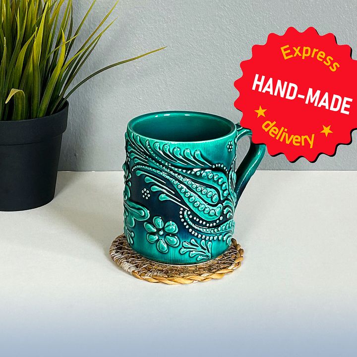 Ceramic handmade coffee mug, turquoise/green/emerald cup — handmade pottery, handmade ceramic, home decor, handmade gift, Turkish ceramic product image (1)