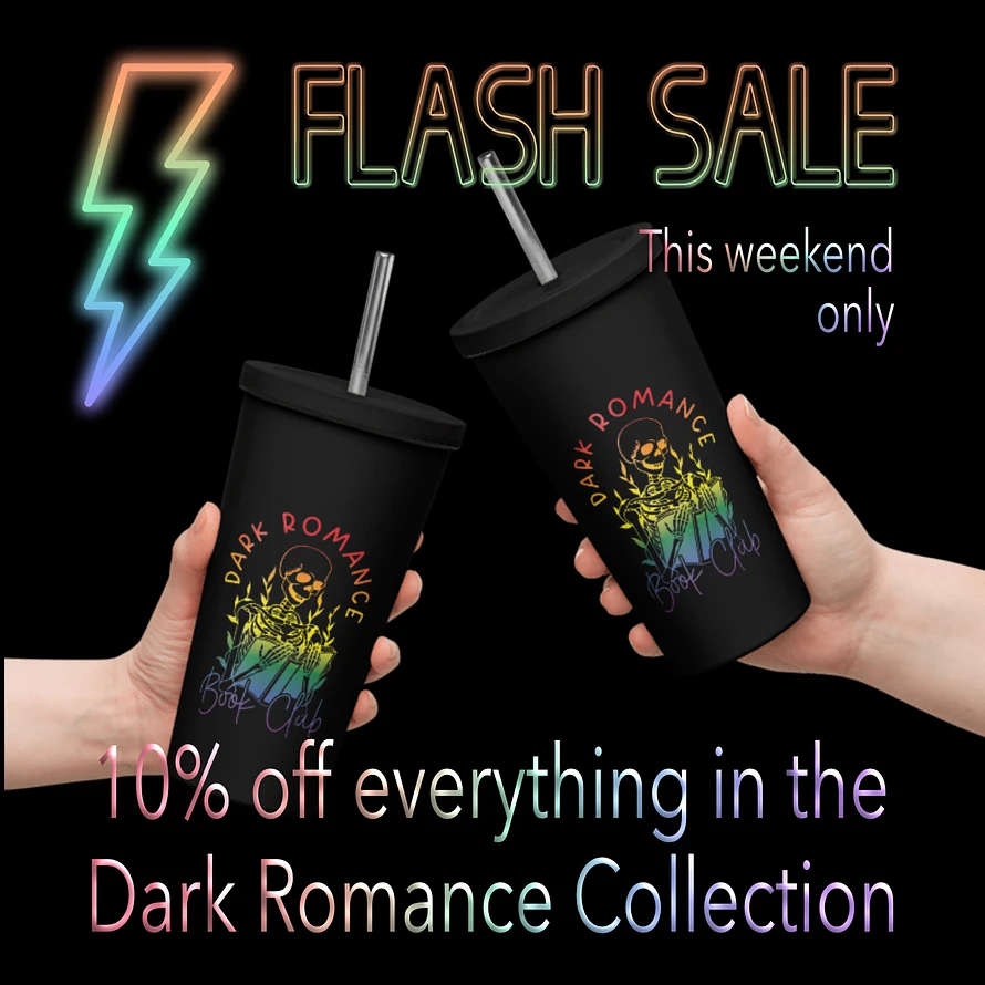 Flash Sale promo image with Dark Romance Book Club design on insulated tumblers.