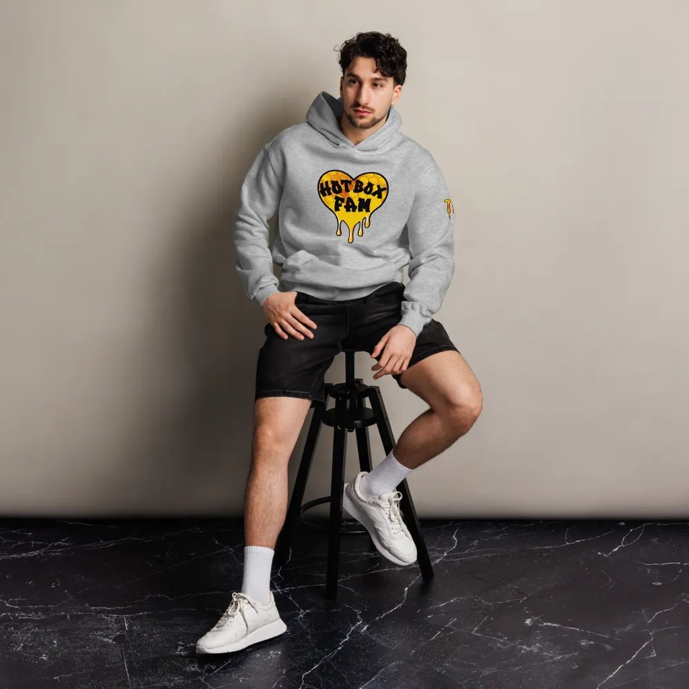 UNISEX HOT BOX FAM GOLD LOGO WITH JFLOW 710 EMOTE ON SLEEVE HOODIE product image (35)