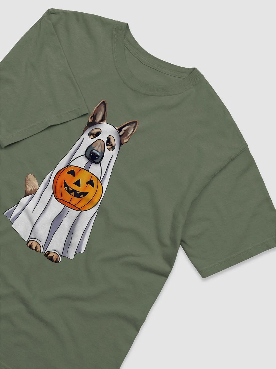 German Shepherd Halloween Tee | Funny Halloween German Shepherd Wearing a Ghost Costume with Pumpkin Basket product image (3)