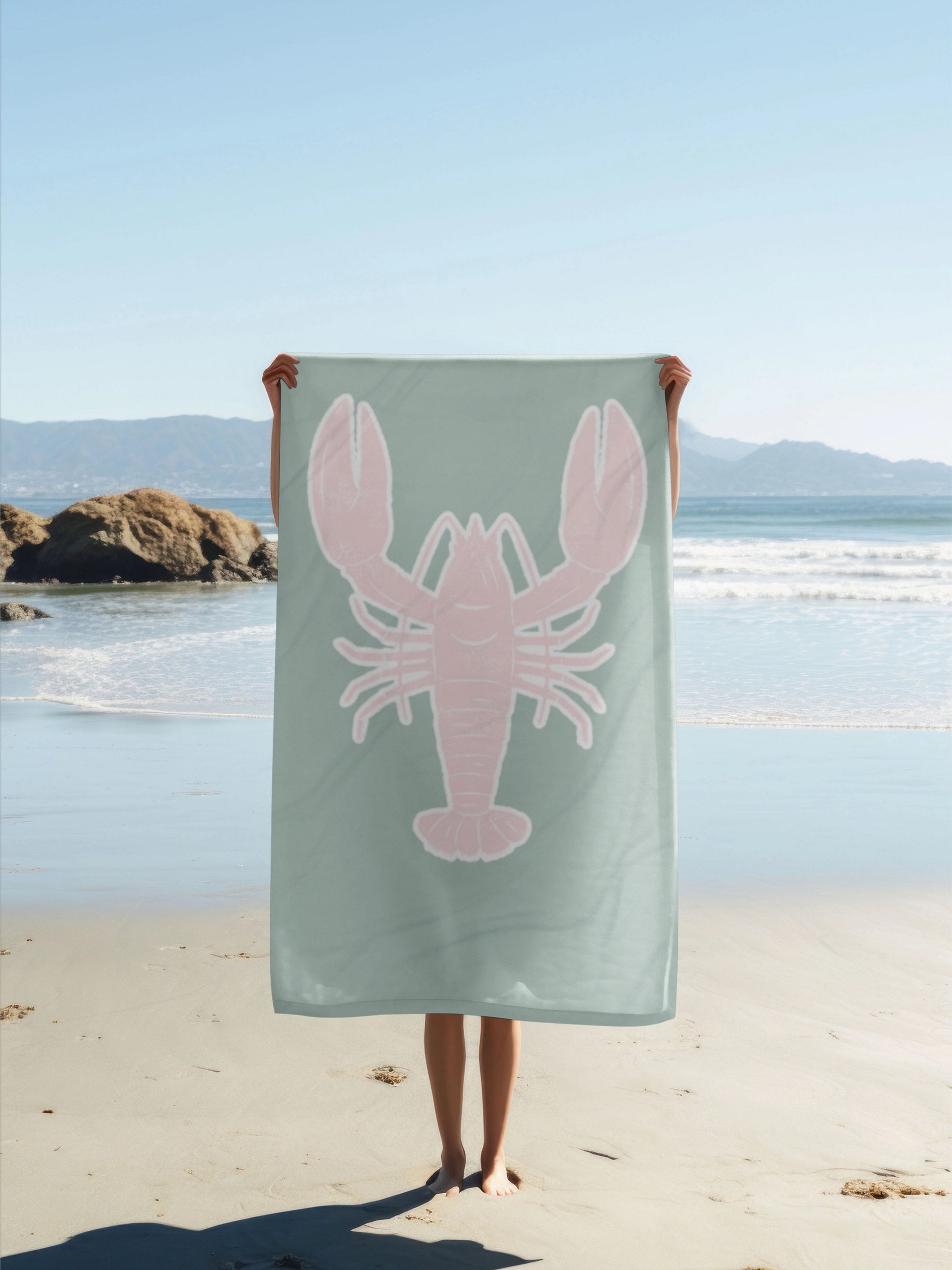 GREEN PINK LOBSTER TOWEL - Strandtuch mit Hummer Rosa Grün product image (1)