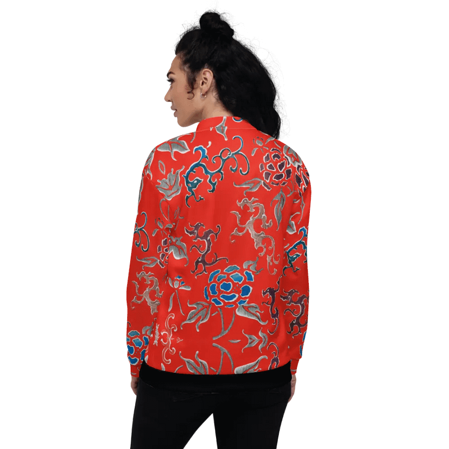 Red Oriental Floral Zip-Front Unisex Bomber Jacket product image (9)