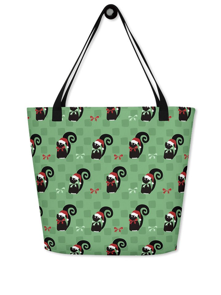 Black Christmas Kitties On Mint Green Checkerboard – Large Tote Bag product image (1)