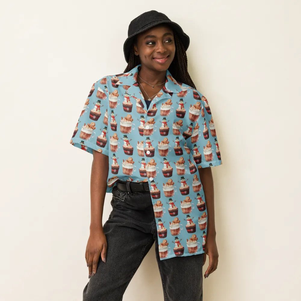 Xmas tea time gingerbread man latte cupcake Unisex Hawaiian Shirt product image (6)