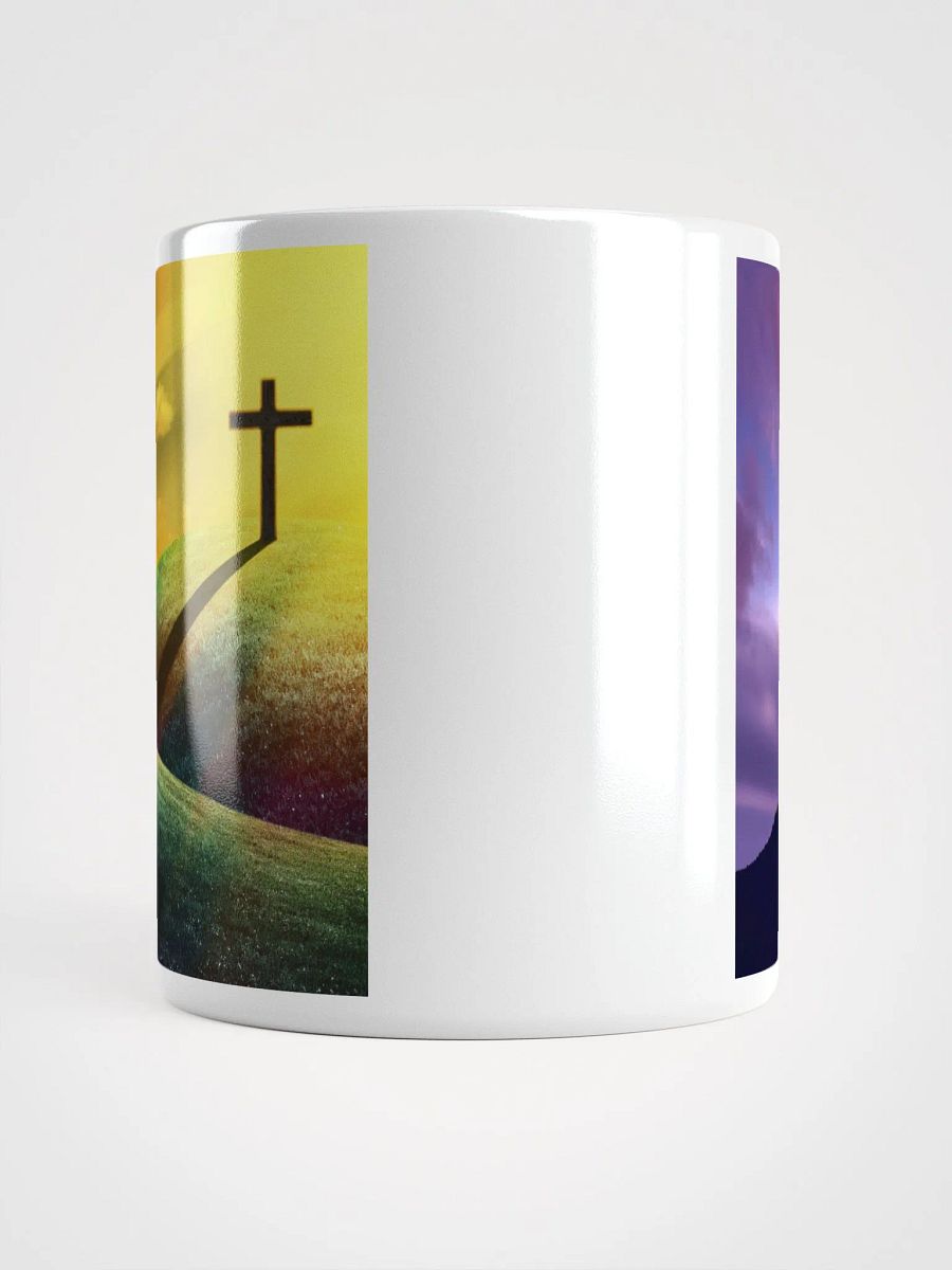 Wooden cross standing on a hill, silhouetted against a vibrant & colorful sky & a cross with a vivid, dramatic background Mug product image (6)
