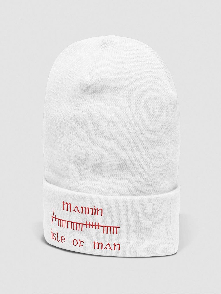 Isle of Man/Mannin Orthodox style Ogham, White with Red, embroidered Cuffed Beanie product image (2)