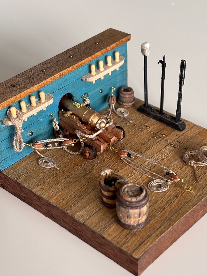 Wooden Diorama: Cannon Aboard a Historic Ship - blue ship version product image (2)