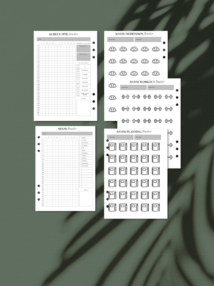 A5 Self-Care Tracker Inserts Set | Screen Time, Mood, Meditation, Workout & Planning | Printable product image (1)