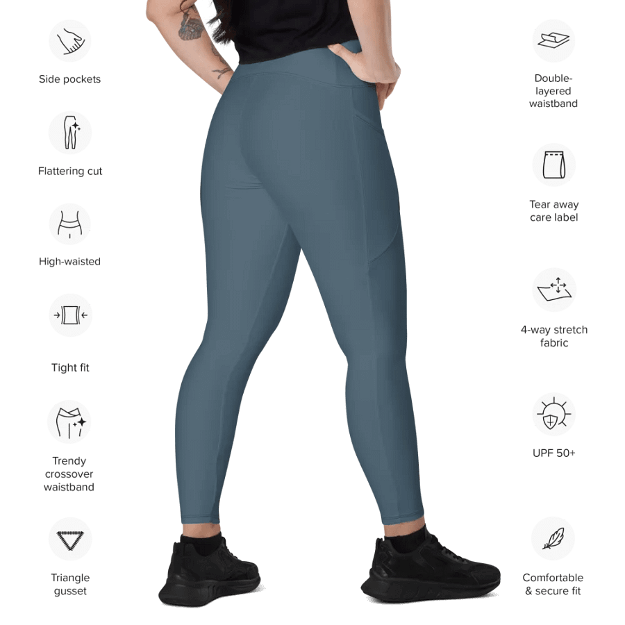 Plain Dark Greyish Blue Soft Summer Women's High Waisted Premium Crossover Leggings with Pockets by Treasure Pie product image (11)