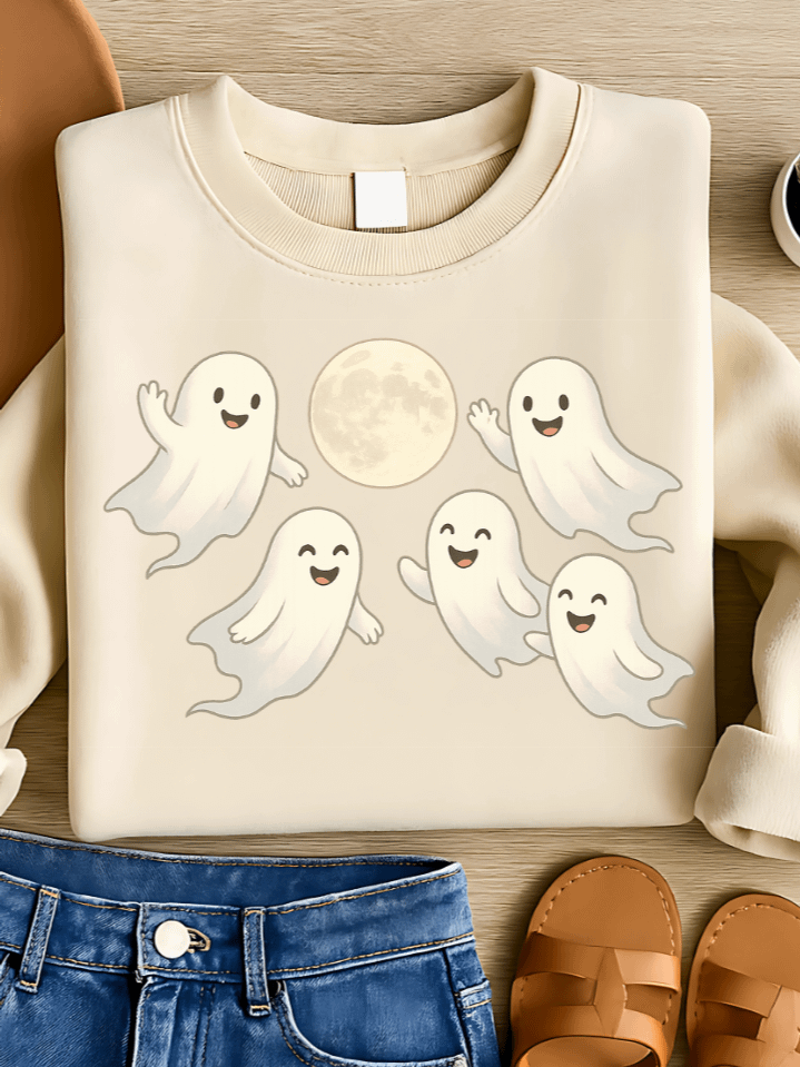 Cheerful Moonlight Ghosts Sublimation PNG – Playful Halloween Spirit for T-Shirts – Whimsical & Spooky Theme – 300 DPI Instant Digital Download product image (1)