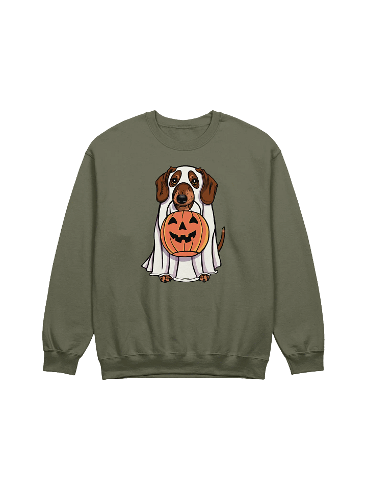 Funny Halloween Dachshund(Brown) Sweatshirt | Funny Doxie/Wiener Wearing a Ghost Costume and Holding a Pumpkin Basket product image (1)