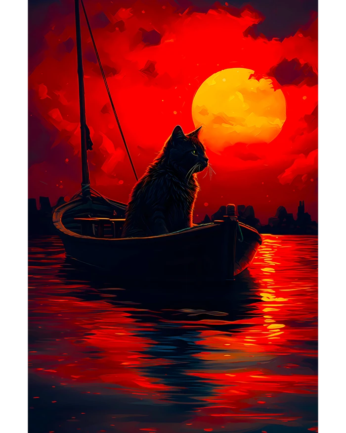 Cat on a Boat in Crimson Moonlit Sea Full Moon Matte Poster product image (1)